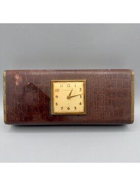 Vintage New Haven Faux Leather Dresser Clock Travel Box Works Parts Replace READ